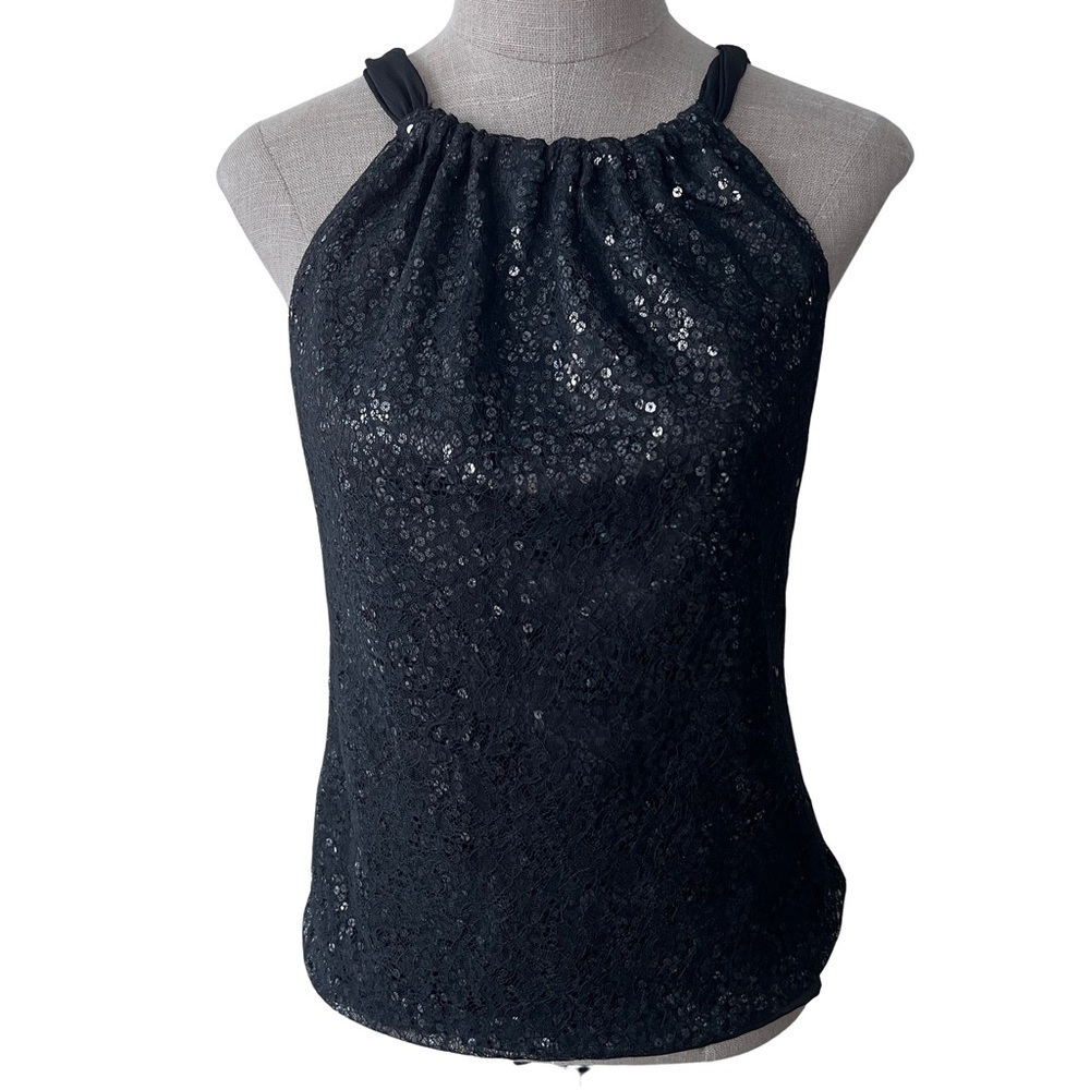 Tahari New with Tags Black Sheer Sequence Kimmy Blouse Size XS